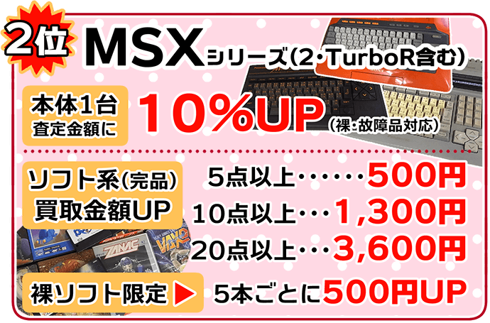 2位、MSXシリーズ（2・TurboR含む）。本体1台査定金額に10パーセントアップ（裸・故障品対応）。ソフト系（完品）買取金額アップ、5本以上500円、10点以上1300円、20点以上3600円。裸ソフト限定、5本ごとに500円アップ。